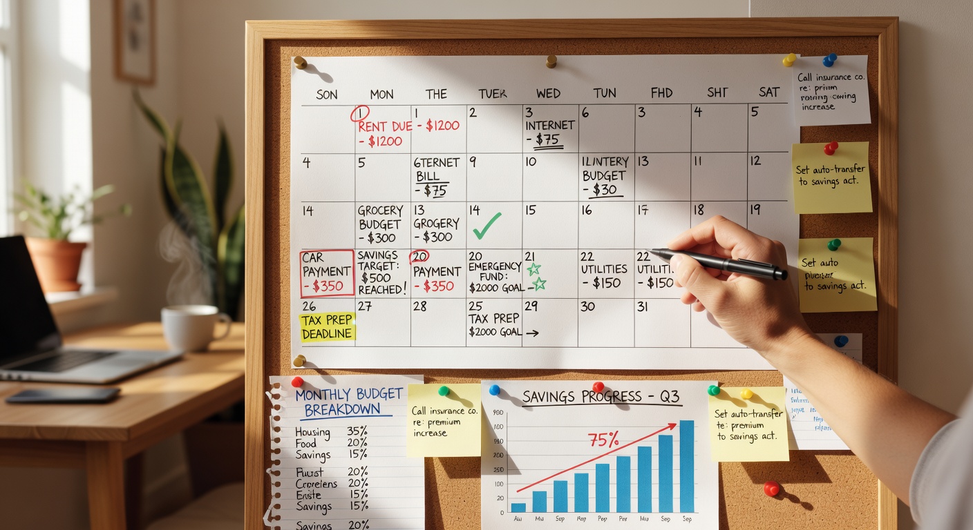 Calendario con hitos financieros mensuales marcados